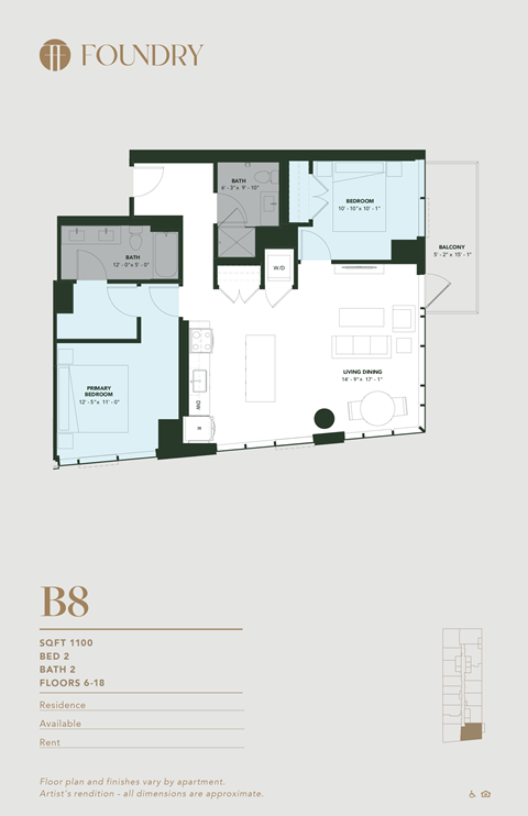 Floor plan for 2 beds, 2 baths, 1100 sqft